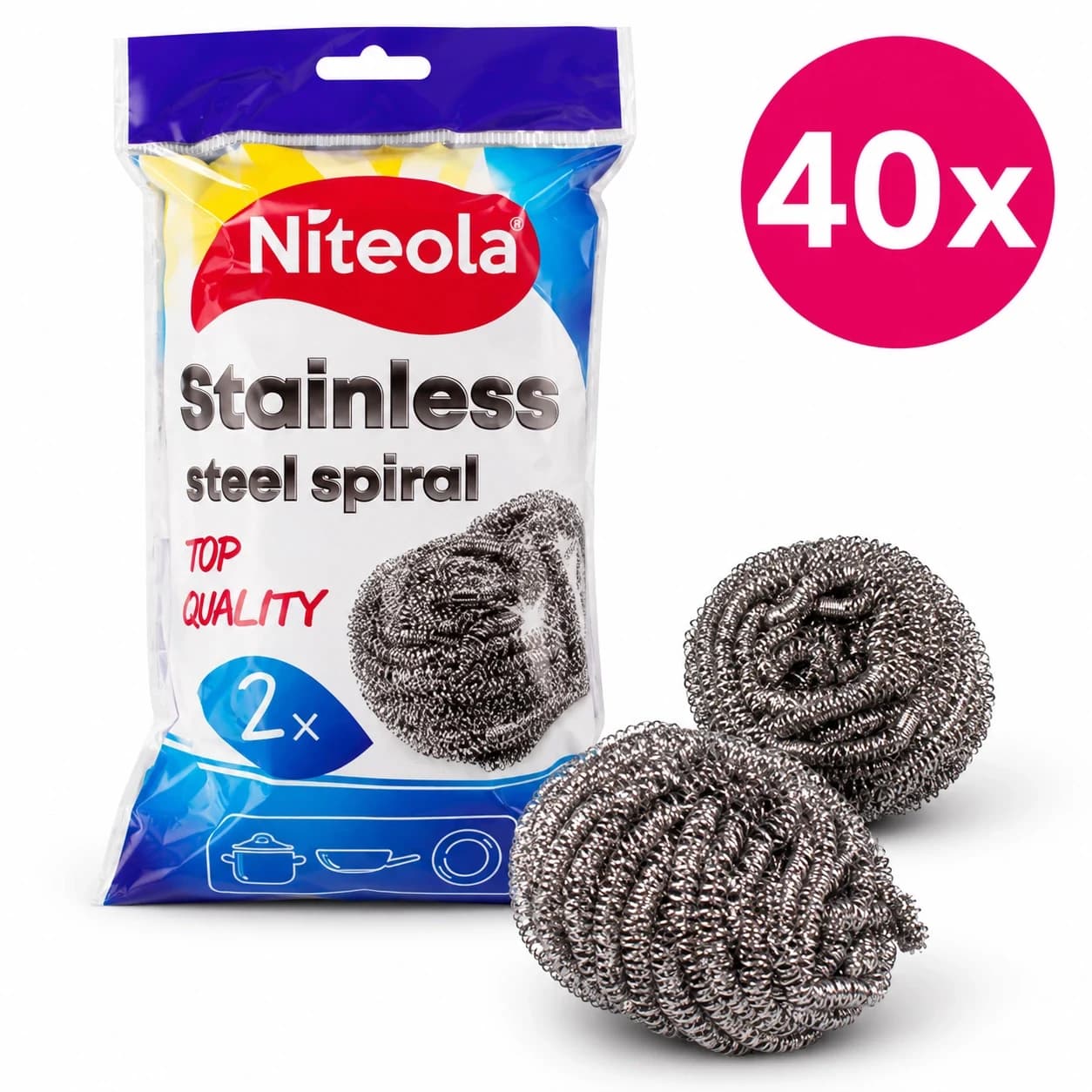 40x Drátěnka na nádobí Niteola, nerezová spirála - 2ks