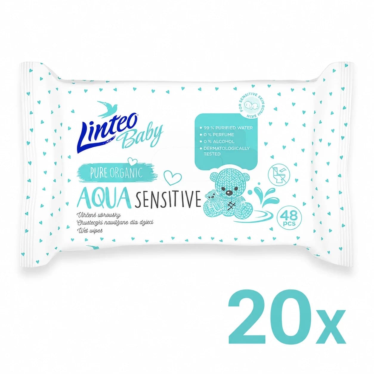 20x LINTEO BABY Vlhčené ubrousky pro miminka AQUA SENSITIVE 48 ks