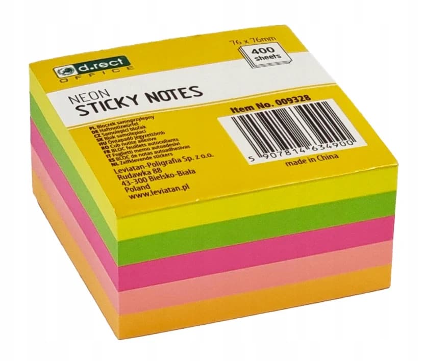 Samolepicí bloček D.RECT neonový, 76 x 76 mm, 400 lístků