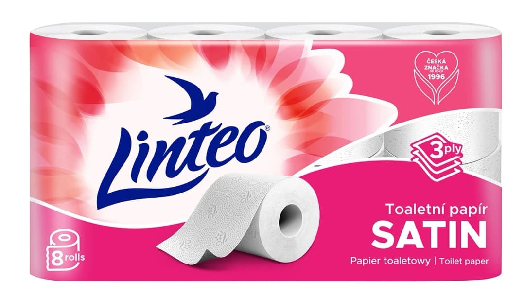 Linteo Satin toaletní papír bílý, 3vrstvý, 8 rolí, 15 m