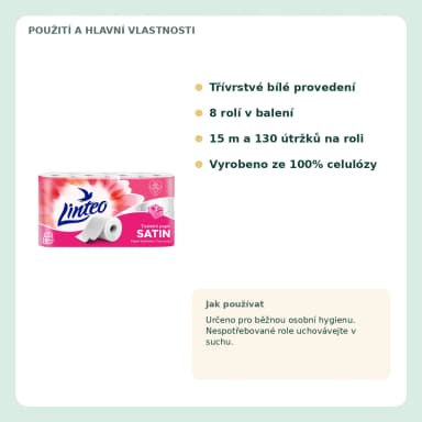 Linteo Satin bílý toaletní papír, 3vrstvý, 8 roliek