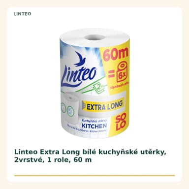 Linteo Extra Long bílé kuchyňské utierky, 2vrstvé, 1 role, 60 m