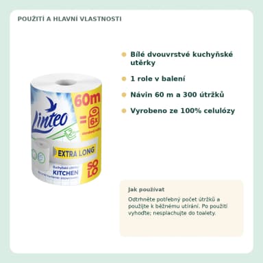 Linteo Extra Long bílé kuchyňské utierky, 2vrstvé, 1 role, 60 m