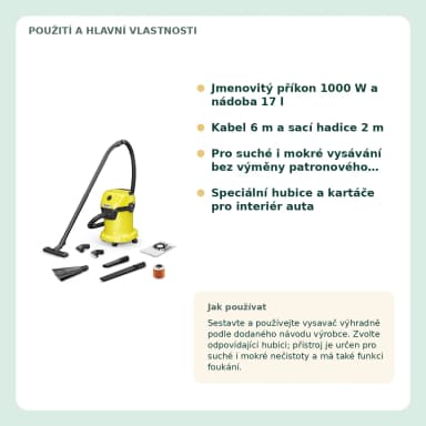 Kärcher WD 3 V-17/6/20 Car mokro-suchý vysavač, 1000 W, 17 l