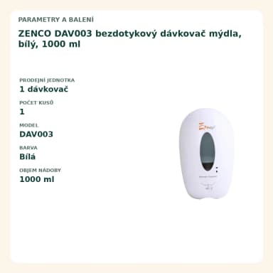 ZENCO DAV003 bezdotykový dávkovač mýdla, bílý, 1000 ml