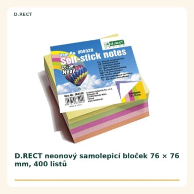 Samolepicí bloček D.RECT neonový, 76 x 76 mm, 400 lístků