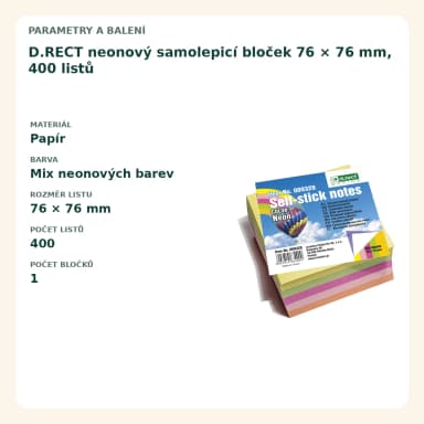 Samolepicí bloček D.RECT neonový, 76 x 76 mm, 400 lístků