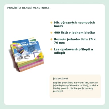 Samolepicí bloček D.RECT neonový, 76 x 76 mm, 400 lístků