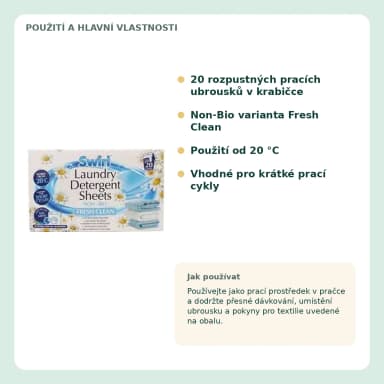 Swirl Fresh Clean prací obrúsky Non-Bio, 20 ks