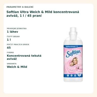 Softlan Ultra Weich & Mild koncentrovaná aviváž, 1 l / 45 praní