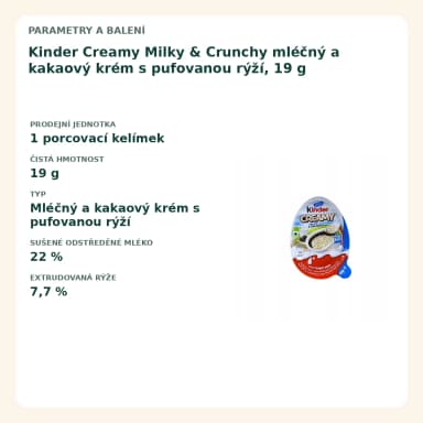 Kinder Creamy Milky & Crunchy mléčný a kakaový krém s pufovanou rýží, 19 g