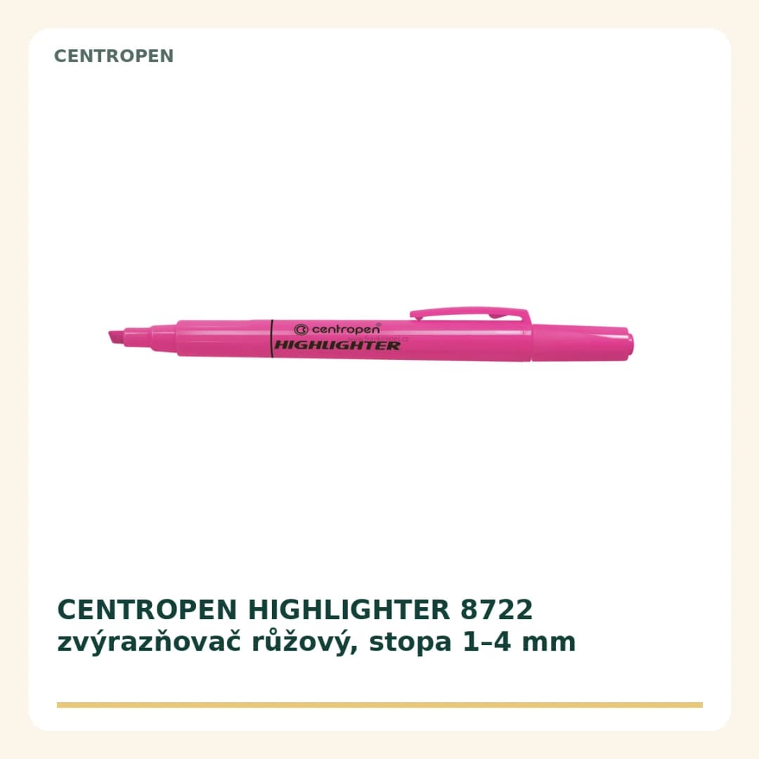 CENTROPEN HIGHLIGHTER 8722 zvýrazňovač růžový, stopa 1 až 4 mm