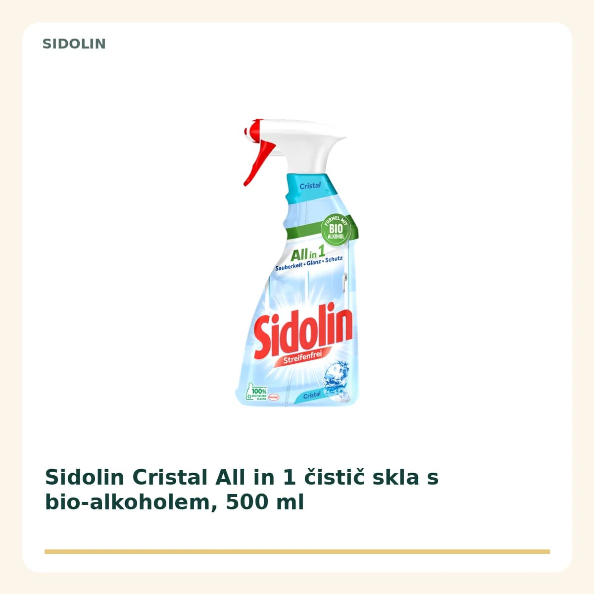 Sidolin Cristal All in 1 čistič skla s bio-alkoholem, 500 ml
