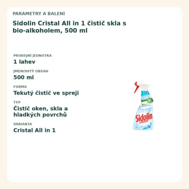 Sidolin Cristal All in 1 čistič skla s bio-alkoholem, 500 ml