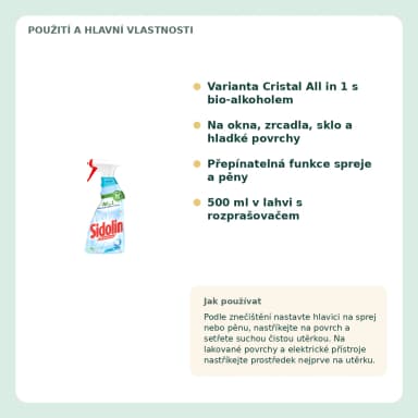 Sidolin Cristal All in 1 čistič skla s bio-alkoholem, 500 ml