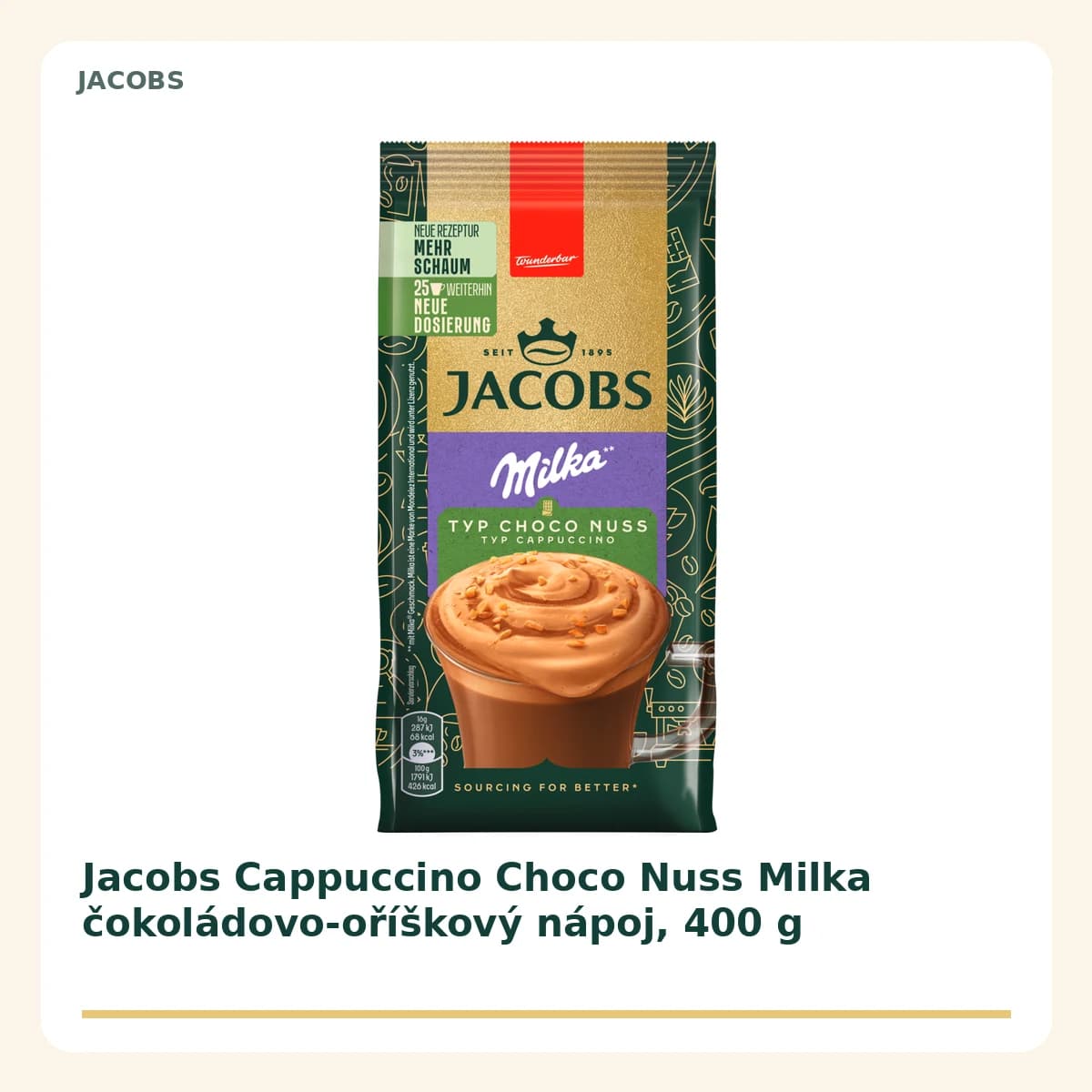 Jacobs Cappuccino Choco Nuss Milka čokoládovo-oříškový nápoj, 400 g