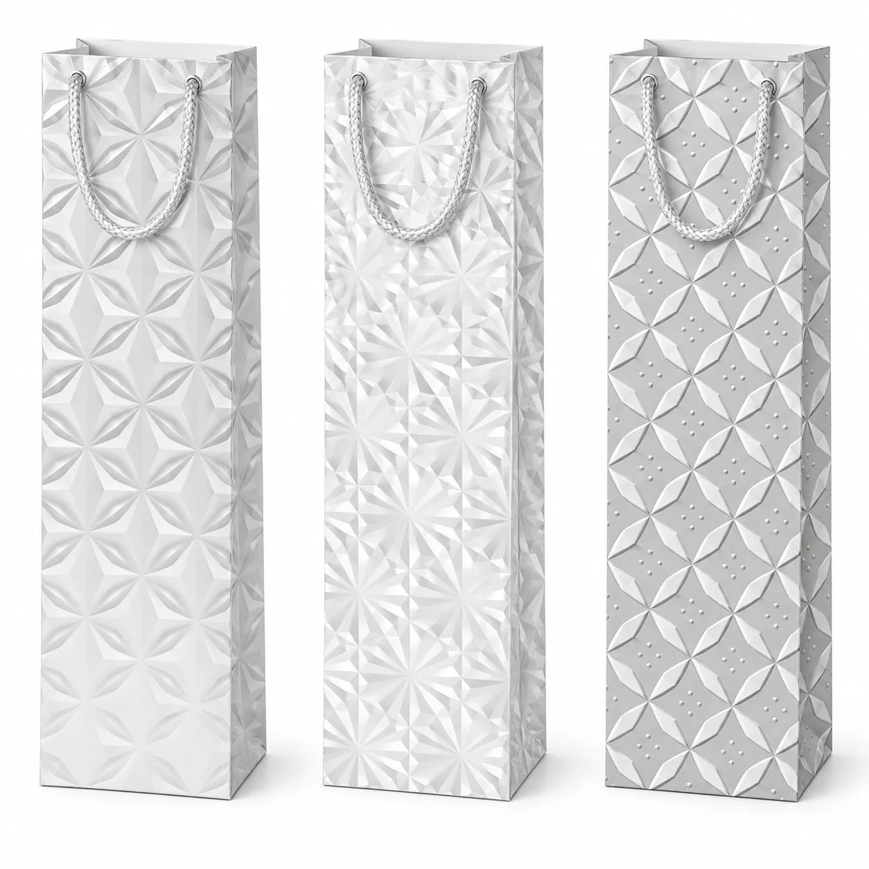 Dárková papírová taška 12 × 36 × 9 cm, bílo-stříbrné geometrické motivy, WINE 123