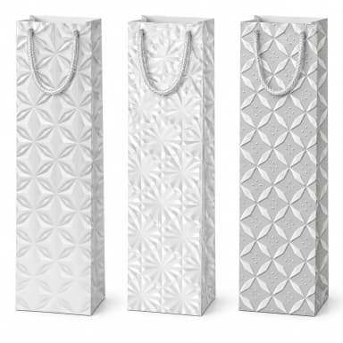Dárková papírová taška 12 × 36 × 9 cm, bílo-stříbrné geometrické motivy, WINE 123