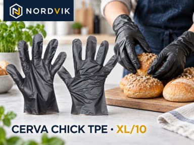 CERVA CHICK TPE jednorázové rukavice černá, vel. XL/10, 100 ks, produktová fotografie v prostředí Nordvik