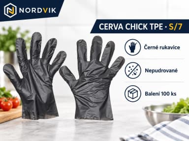 CERVA CHICK TPE jednorázové rukavice černá, vel. S/7, 100 ks, produktová infografika