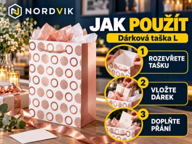 Dárková papírová taška L 26 × 32 × 12 cm, růžovozlaté geometrické vzory, návod k použití