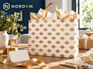 Dárková papírová taška L 26 × 32 × 12 cm, zlaté geometrické vzory, produktová fotografie v prostředí Nordvik