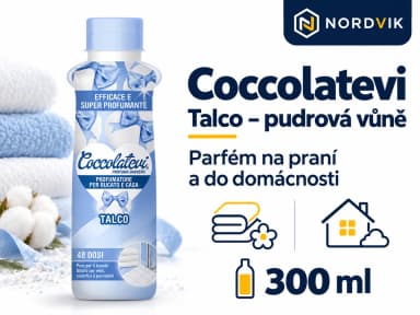 Coccolatevi parfém na praní a do domácnosti Talco, pudrová vůně, 300 ml, produktová infografika