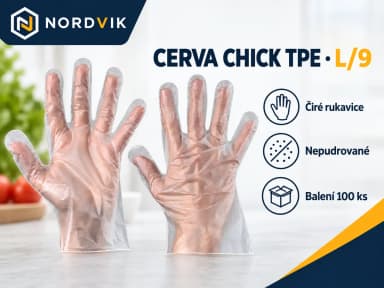 CERVA CHICK TPE jednorázové rukavice čirá, vel. L/9, 100 ks, produktová infografika