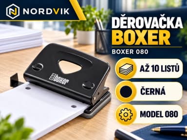 Děrovačka BOXER 080, čierna, 10 listů, produktová infografika