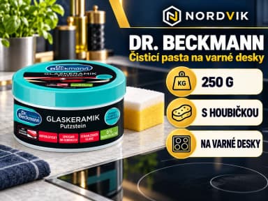 Dr. Beckmann čisticí pasta na sklokeramické i indukční desky s houbičkou, 250 g, produktová infografika