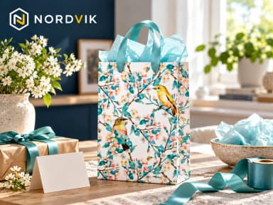 Dárková papírová taška M 18 × 23 × 10 cm, ptáčci a květiny, produktová fotografie v prostředí Nordvik