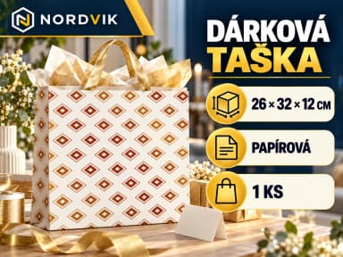 Dárková papírová taška L 26 × 32 × 12 cm, zlaté geometrické vzory, produktová infografika