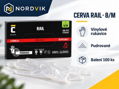 CERVA RAIL pudrované vinylové rukavice 8/M, 100 ks, produktová infografika