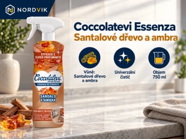 Coccolatevi Essenza univerzální čistič Santalové dřevo a ambra, 750 ml, produktová infografika