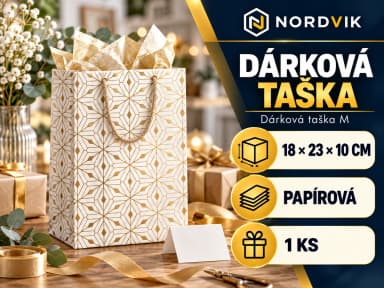 Dárková papírová taška M 18 × 23 × 10 cm, zlaté geometrické vzory, produktová infografika