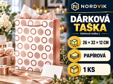 Dárková papírová taška L 26 × 32 × 12 cm, růžovozlaté geometrické vzory, produktová infografika