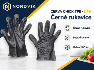 CERVA CHICK TPE jednorázové rukavice černá, vel. L/9, 100 ks, produktová infografika