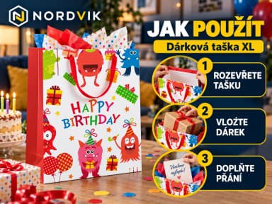 Dárková papírová taška XL 31 × 42 × 12 cm, narozeninové motivy, návod k použitia