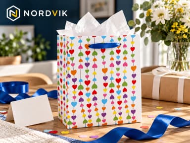 Dárková papírová taška S 11,5 × 14,5 × 6 cm, barevná srdíčka, produktová fotografie v prostředí Nordvik