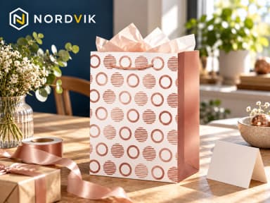Dárková papírová taška L 26 × 32 × 12 cm, růžovozlaté geometrické vzory, produktová fotografie v prostředí Nordvik