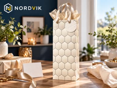 Dárková papírová taška 12 × 36 × 9 cm, na víno, produktová fotografie v prostředí Nordvik