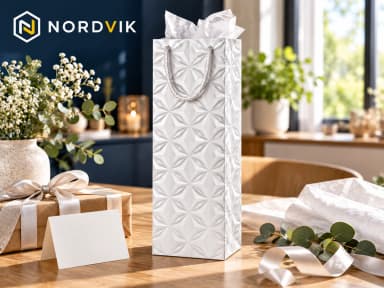Dárková papírová taška 12 × 36 × 9 cm, na víno, produktová fotografie v prostředí Nordvik