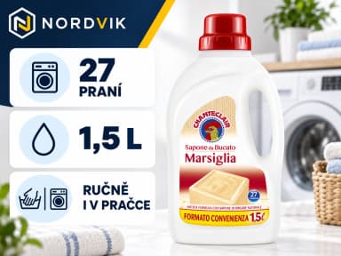 Chante Clair gel na praní Marseillské mýdlo, 1,5 l / 27 praní, přehled 27 praní, 1,5 l a použitia ručně i v pračce