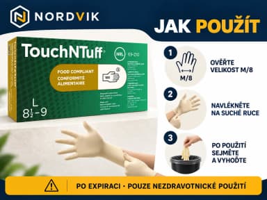 Ansell TouchNTuff 69-210 latexové rukavice púdrované, vel. M/8, 100 ks - po expiraci, návod k použitia