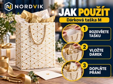 Dárková papírová taška M 18 × 23 × 10 cm, zlaté geometrické vzory, návod k použití