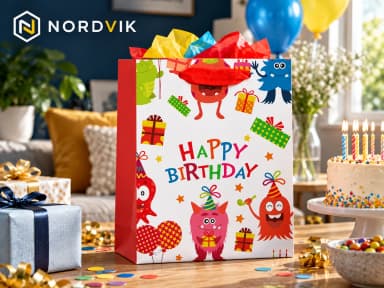 Dárková papírová taška XL 31 × 42 × 12 cm, narozeninové motivy, produktová fotografie v prostředí Nordvik