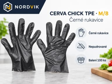 CERVA CHICK TPE jednorázové rukavice černá, vel. M/8, 100 ks, produktová infografika