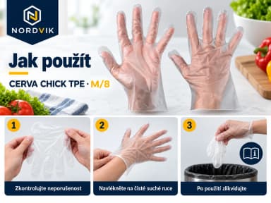CERVA CHICK TPE jednorázové rukavice čirá, vel. M/8, 100 ks, návod k použití