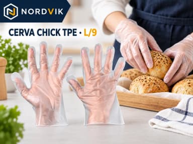 CERVA CHICK TPE jednorázové rukavice čirá, vel. L/9, 100 ks, produktová fotografie v prostředí Nordvik