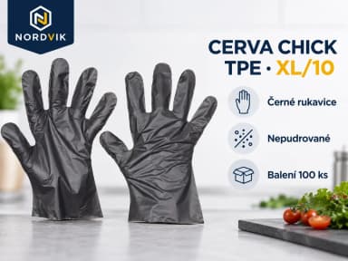 CERVA CHICK TPE jednorázové rukavice černá, vel. XL/10, 100 ks, produktová infografika